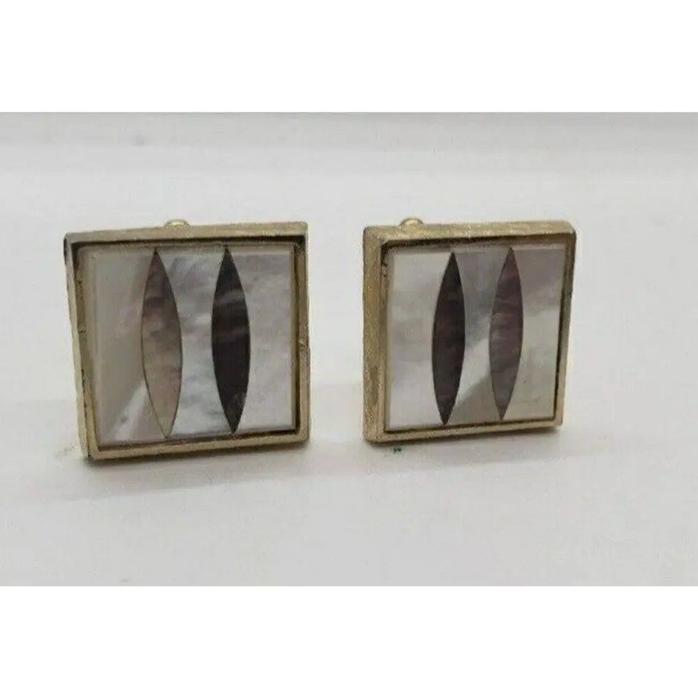 Vintage CuffLinks Gold Metal Abalone Mother of Pearl Inlaid Dante